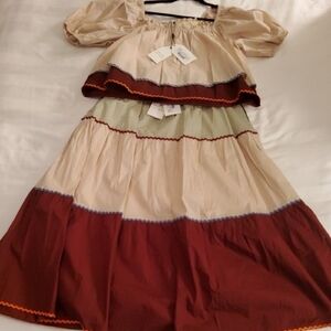 English Factory Colorblock Cream & Burgandy Blouse & Midi Skirt